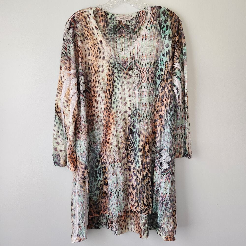 Jess & Jane Top Women's XL Tan Mint Green Leopard Print Tunic Boho Chic Classic